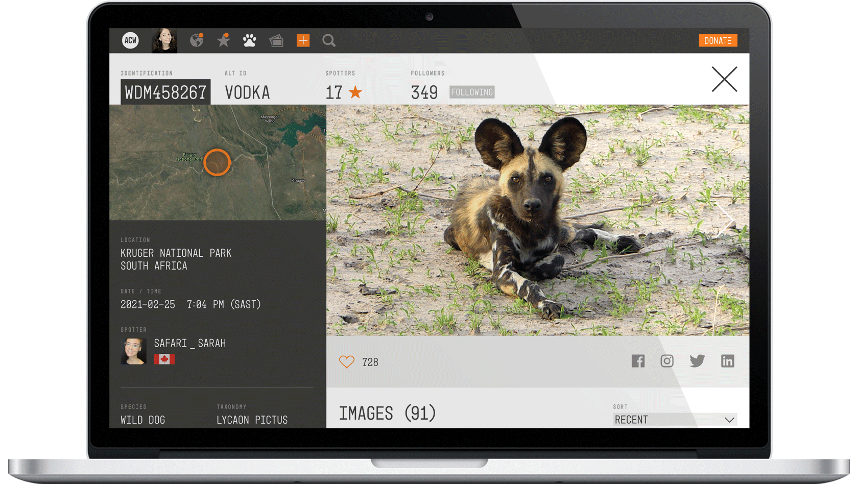 Product screenshot of animal profile on desktop.
